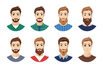 Diverse Bearded Men: A collection of eight stylized illustrations showcasing men with varied hairstyles and facial hair, perfect for representing modern masculinity and grooming trends.