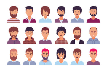 Diverse People Avatar Set: A vibrant collection of person avatars showcases a variety of modern hairstyles and facial hair styles, each designed in a contemporary graphic style.