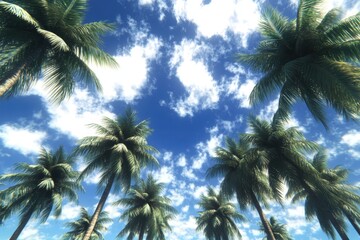 Tropical palm trees reaching for a vibrant blue sky.