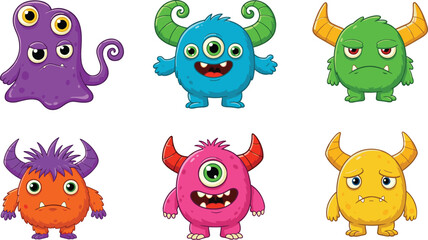 Set of colorful cartoon monsters with different expressions, eyes, horns, and shapes, isolated on white background, funny vector illustration