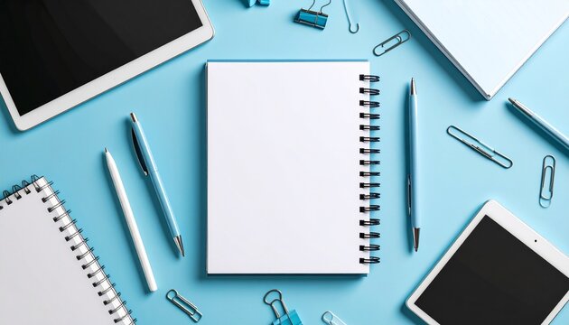 Overhead view of a workspace setup with notebooks, pens, and tablets, arranged on a blue surface.