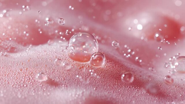 A detailed shot of a luxurious liquid makeup remover exhibiting a milky appearance and subtle droplets capturing light. The micellar waters gentle formulation is enriched with hyaluronic