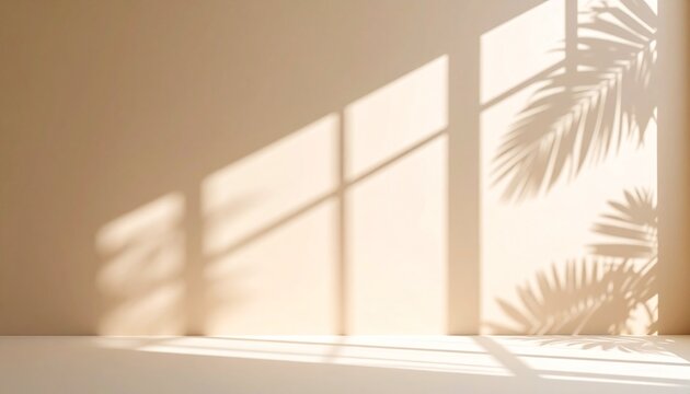 Sunlit room with palm leaf shadows cast on a beige wall.