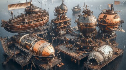 Steampunk vessels floating platforms