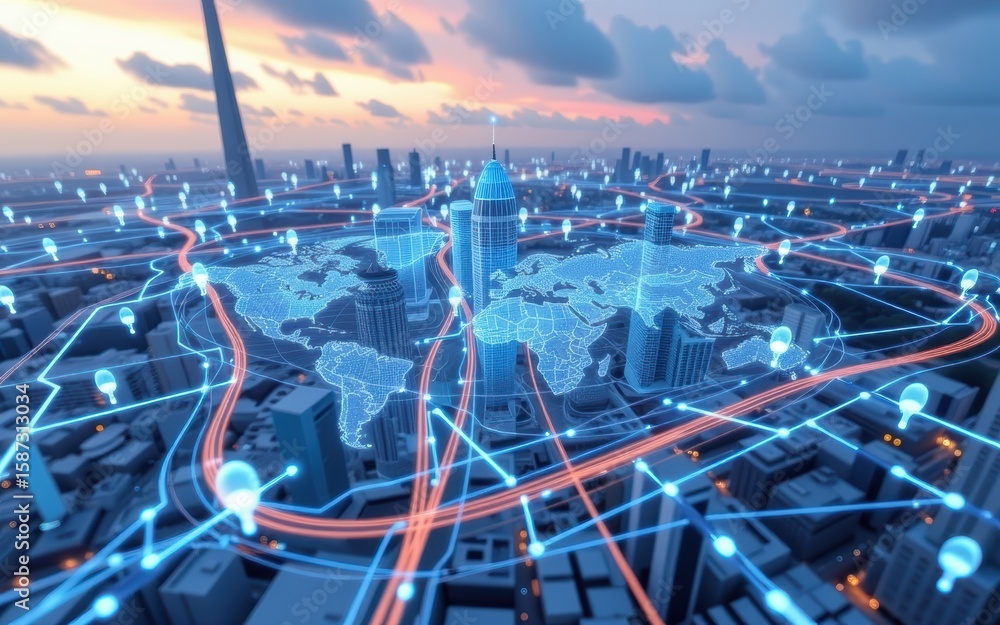 Poster next generation network concept. futuristic cityscape with interconnected digital network visuals.