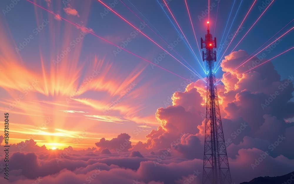 Poster next generation network concept. vibrant sunset with a telecom tower and colorful clouds.