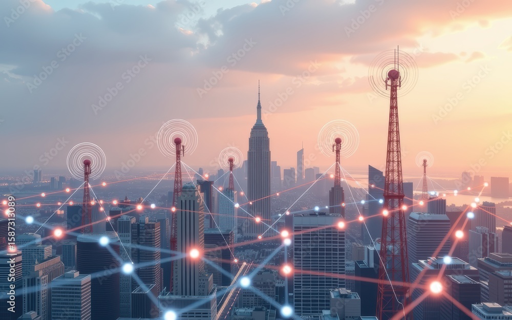 Poster next generation network concept. city skyline with network connections and communication towers at s