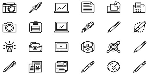 Icon of content creation set black and white modern tecnology, design of pattern artistic activity line icon set abstract background.