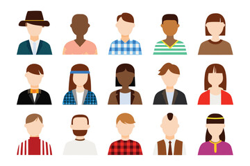 A Diverse Portrait of Individuals: An array of diverse individuals are depicted in a vibrant collection of graphic resources. A collection of flat style images of avatar for various use.