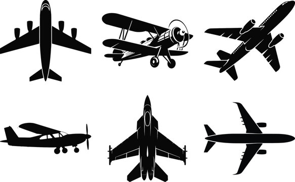 Silhouette vector illustration of assorted airplanes including biplane, jet, and small aircraft in black on white background.