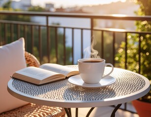 Segelas kopi dan buku di pagi hari