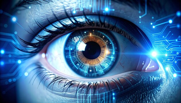 Close-up view of a human eye integrated with digital technology, glowing.