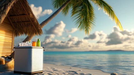 Beach cooler with refreshing drinks under a palm tree, showcasing a tropical getaway with a sandy beach and turquoise sea, perfect for summer vacation vibes.
