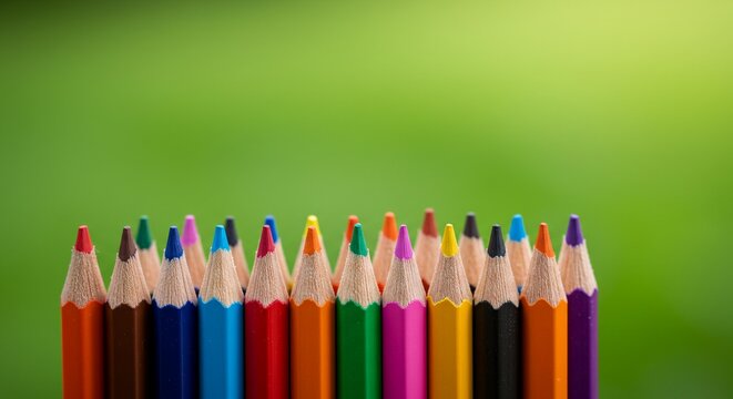 Photo of a vibrant array of colored pencils against a blurred green backdrop