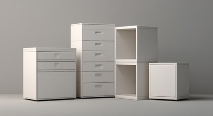 Four simple, light gray storage units