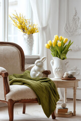 Cozy living room scene with vintage chair, decorative bunny, and vibrant tulips