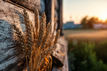 Golden wheat stalks against rustic wooden background at sunset create serene atmosphere