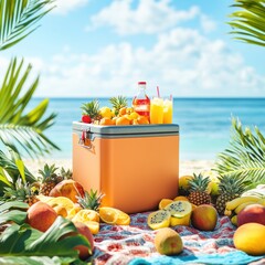 A vibrant cooler filled with tropical fruits and refreshing drinks sits on a beach blanket, framed by palm leaves, evoking a sense of summer vacation and healthy eating.