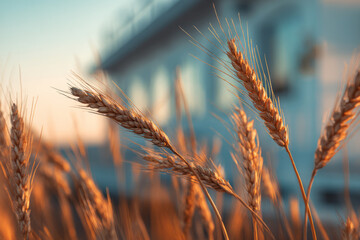 Golden wheat stalks sway gently in warm sunlight, creating serene agricultural scene