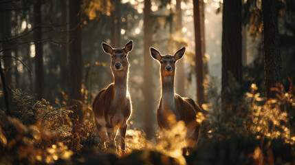 Majestic deer in serene forest, illuminated by soft sunlight, create tranquil atmosphere