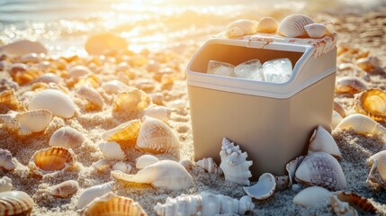 A beach cooler filled with ice sits among seashells on the sandy shore, evoking summer vibes and coastal relaxation under the warm sunlight.