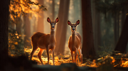 Two deer in serene forest during sunset, surrounded by warm light and trees