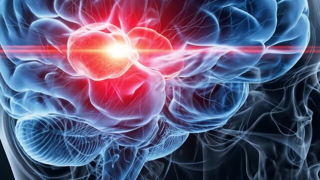 3D rendered medical animation of a male human brain, highlighting the hippocampus in glowing red. Transparent head and skull, detailed neural pathways and brain structures in blue.