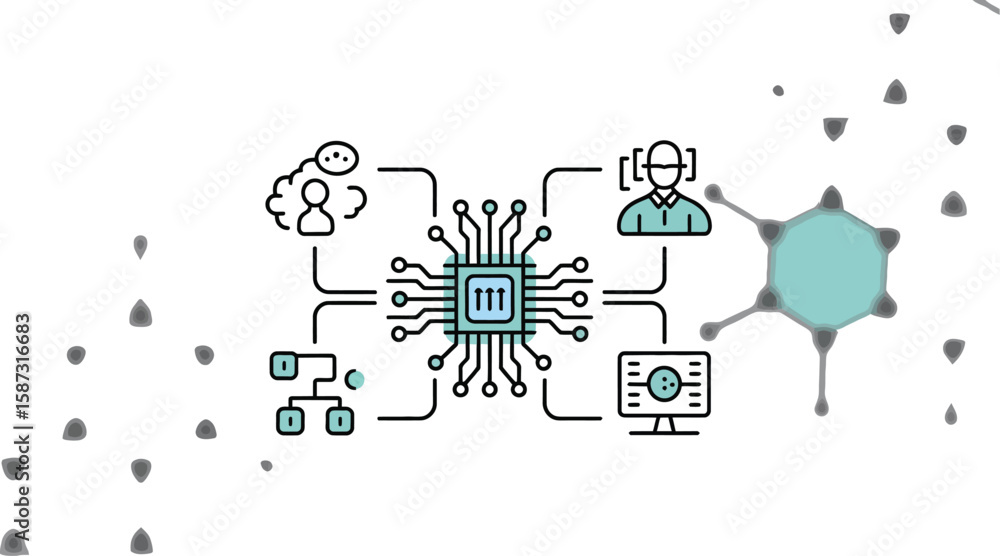 Poster illustration of a central processing unit connected to various network icons design