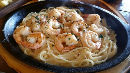 A sizzling plate of shrimp scampi with garlic butter
