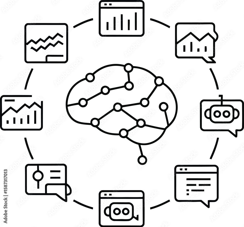 Poster a central brain surrounded by graphs, charts, and chatbot icons in line art style