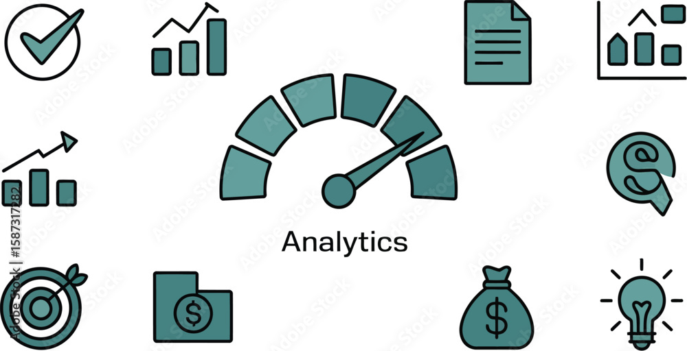 Aufkleber analytics icons arranged around a speedometer with a check mark and a light bulb