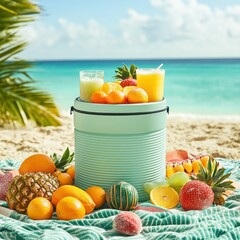 Refreshing tropical fruit cooler on a beach blanket offers a vibrant display of oranges, pineapple, strawberries, and juice glasses, perfect for summer refreshment.
