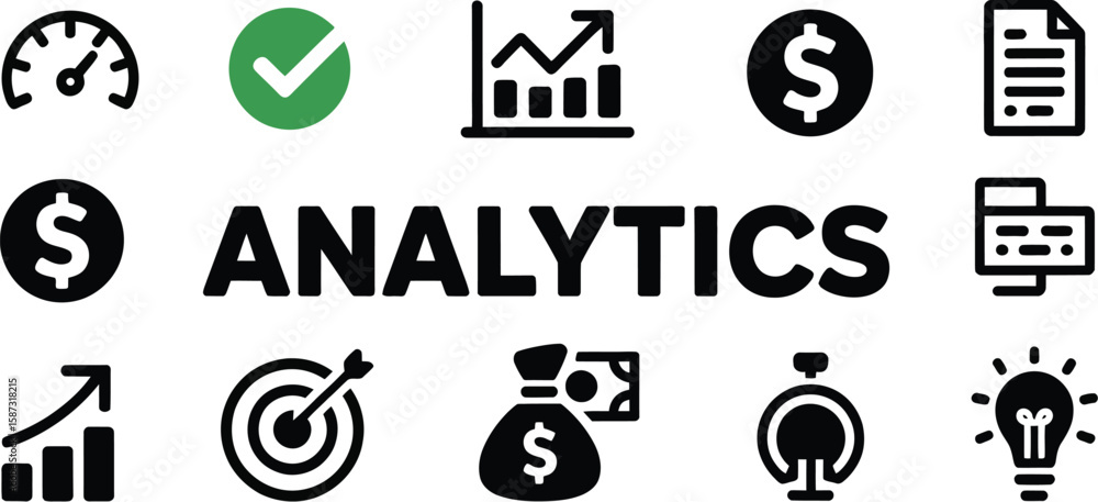 Poster a set of icons representing data analysis and business intelligence on light background