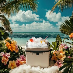 Enjoy a refreshing beach vacation with a cooler filled with ice and drinks, surrounded by tropical flowers and palm trees, perfect for summer relaxation and seaside fun.