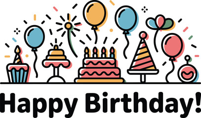 A happy birthday greeting card with cake balloons and party decorations drawing art