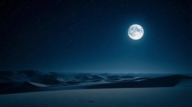 A serene desert landscape under a starlit night sky with a bright full moon shining above dunes landscape video