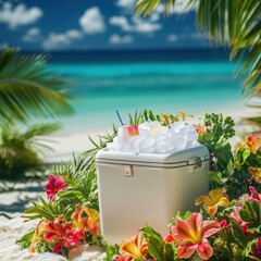 A cooler filled with ice and drinks sits on a sandy beach surrounded by vibrant tropical flowers, offering a refreshing oasis for summer vacation relaxation and beach party vibes.