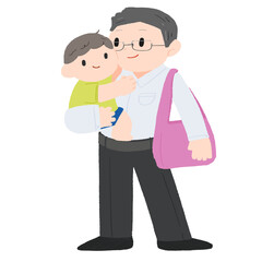 スーツを着た父親が子供を抱っこするかわいい手描きカラーイラスト