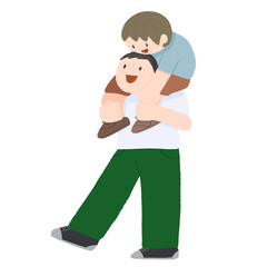 男の子を肩車する父親のかわいい手描きカラーイラスト