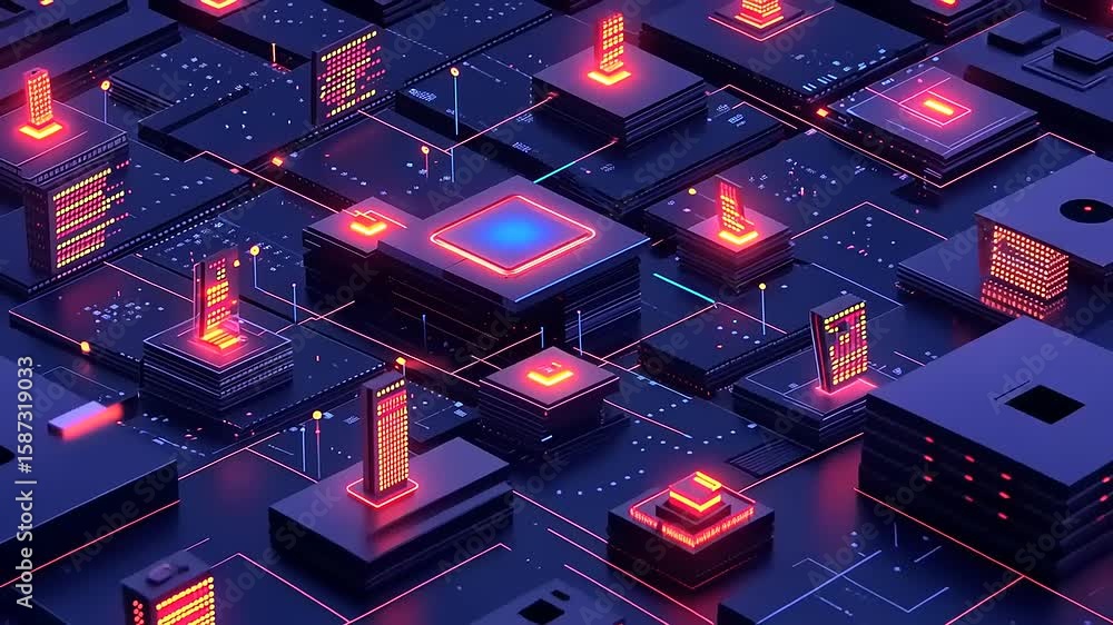 Fototapete futuristic digital landscape featuring glowing circuit patterns and illuminated structures in a tech