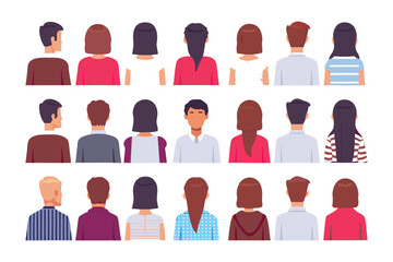 Back view diverse people:A collection of diverse people viewed from behind, showcasing a variety of hairstyles, clothing, and skin tones.  Ideal for illustrating diversity, anonymity, or teamwork.