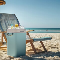 A refreshing cooler filled with ice and drinks sits on a sandy beach next to a striped lounge chair, perfect for a relaxing summer vacation by the ocean.