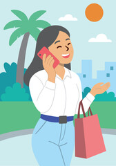 Flat vector of smiling woman talking on phone outdoors in the city