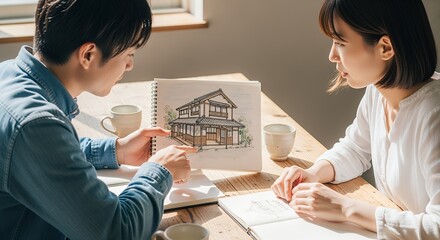 マイホームの設計図を見る若い夫婦