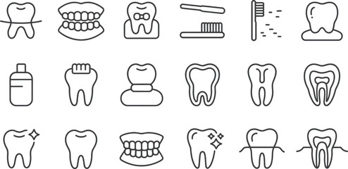 Collection of dental care icons showing toothbrushes and teeth in line art style