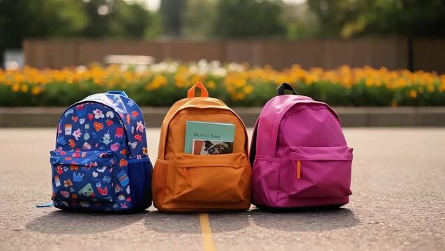 Colorful backpacks placed on pavement with flowers in background  
