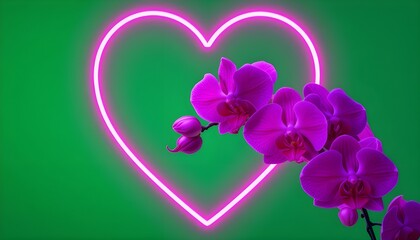 Purple orchids with a neon pink heart on a green background creating a vibrant and modern design