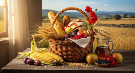 Rustic Lughnasadh Harvest Basket with Fruits, Corn, and Fresh Bread in Countryside Setting
