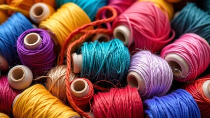 Colorful spools vibrant fibers, creative material, artistic medium, textural element, crafting essential, rich palette.
