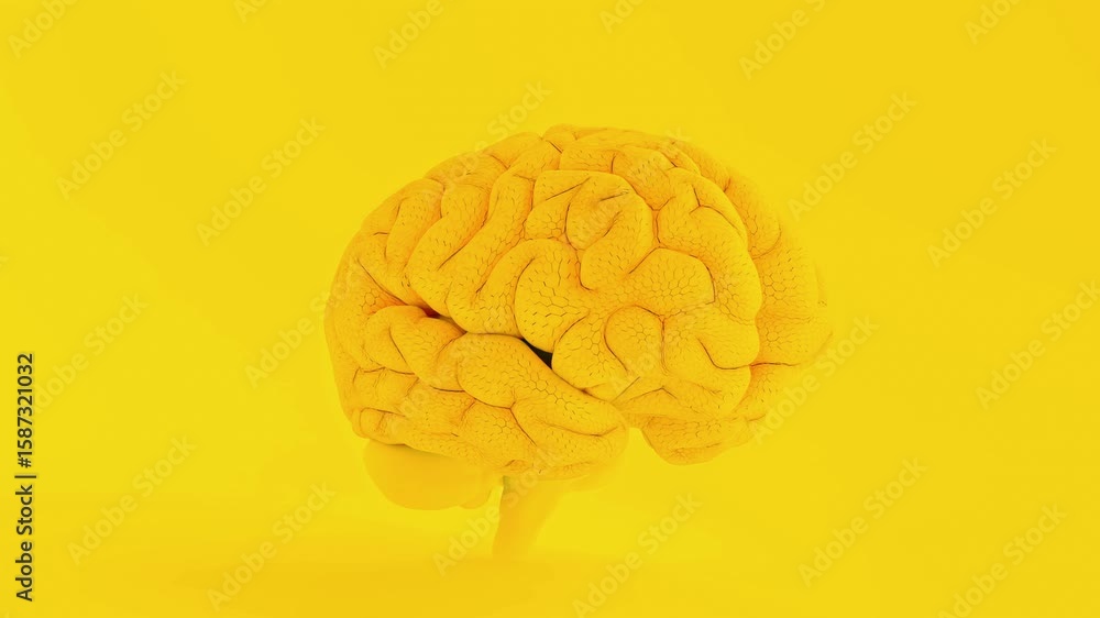 Poster brain simulate animation seamless looping. yellow brain shows stimulation of memory, creativity and 